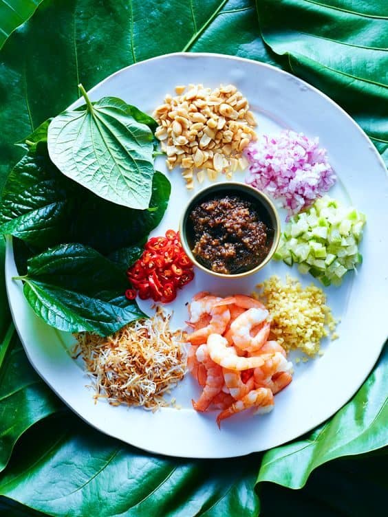 Prawn betel leaf wraps (miang kham)