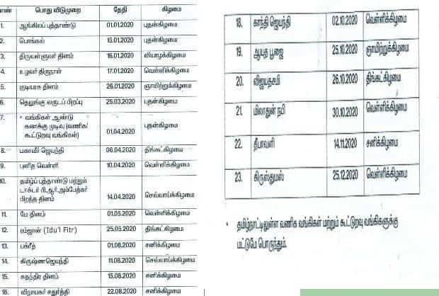 2020ஆம் ஆண்டு அரசு விடுமுறைகள் அறிவிப்பு: ஞாயிறு அன்று வரும் ஆயுதபூஜை