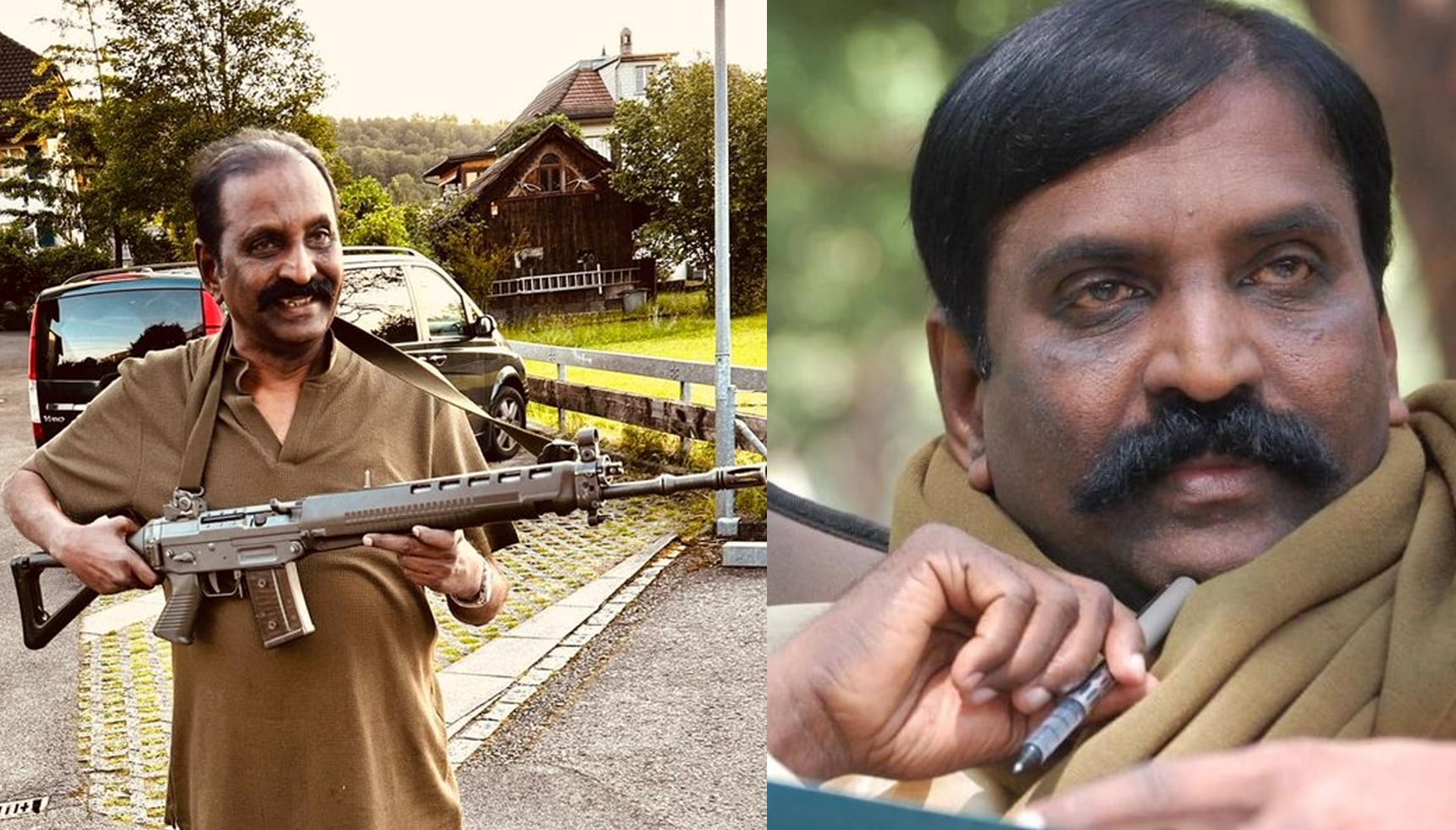 வைரலாகும் வைரமுத்து புகைப்படம்.. பேனா இருக்க வேண்டிய கையில் துப்பாக்கி ஏந்தி போஸ்..