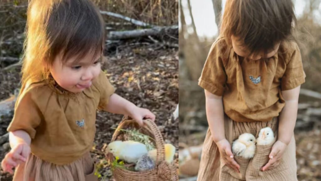 little girl playing with chicks