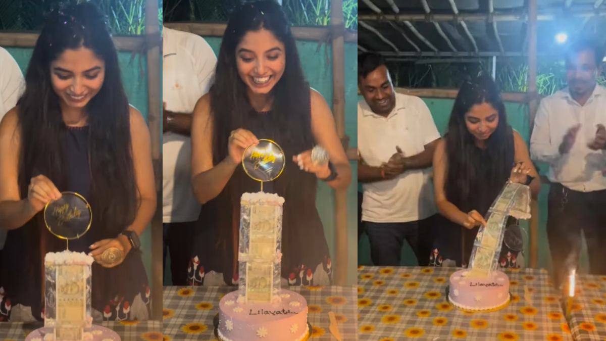 woman cutting cake 500 rs notes