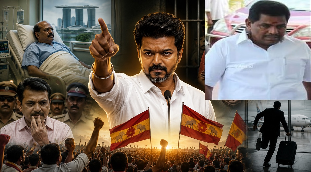 சிங்கப்பூர் மருத்துவமனையில் எவ வேலு.. எங்கே இருக்கிறார் என்று தெரியாத செந்தில் பாலாஜி.. தப்பிக்க முடியாமல் கைதான அனிதா ராதாகிருஷ்ணன்.. விஜய் போடும் தூண்டிலில் ஒருவரும் தப்பிக்க முடியாது.. ஒன்னும் கைதாகனும்.. இல்லைன்னா வெளிநாட்டுக்கு தப்பிச்சு ஓடனும்.. கைது என பாவ்லா காட்றதுக்கு இது ஒன்னும் திராவிட ஆட்சி அல்ல, ஓங்கி அடிச்சா ஒரு டன்னுன்னு அடிக்கிற தவெக அரசு…