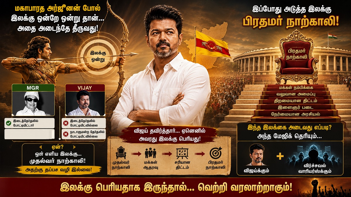 மகாபாரத அர்ஜூனன் போல் இலக்கு ஒன்றே ஒன்று தான்.. அந்த ஒன்றை அடைந்தே தீருவது.. இதுதான் விஜய்யின் பாலிசி.. அவரது ஒரே இலக்கு முதல்வர் நாற்காலி.. அது இடைத்தேர்தலால் கிடைக்காது, நாடாளுமன்ற தேர்தலாலும் கிடைக்காது.. அதனால் தவிர்த்தார்..